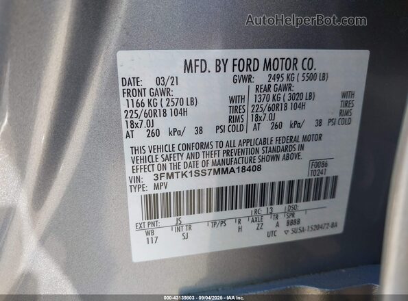 3FMTK1SS7MMA18408 2021 FORD MUSTANG MACH-E Gray Widok komory silnika