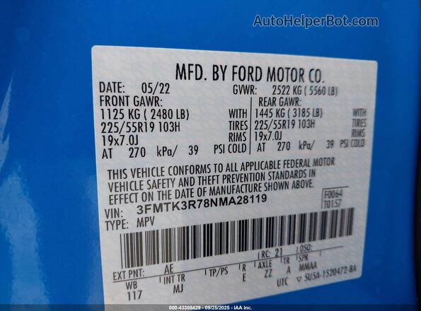 3FMTK3R78NMA28119 2022 FORD MUSTANG MACH-E PREMI Синий Вид подкапотного пространства