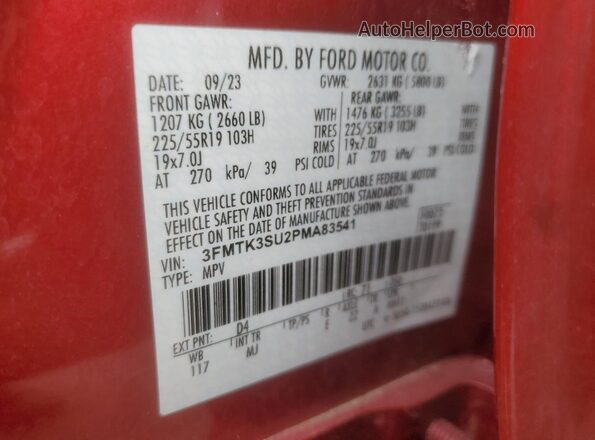 3FMTK3SU2PMA83541 2023 FORD MUSTANG MACH-E PREMI Красный Вид наклейки с VIN-кодом