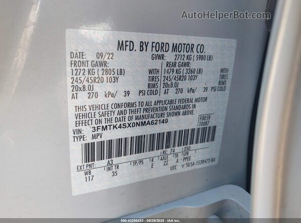 3FMTK4SX0NMA62149 2022 FORD MUSTANG MACH-E Белый Вид подкапотного пространства