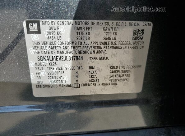 3GKALMEV2JL317844 2018 GMC TERRAIN Gray Вид наклейки з VIN-кодом