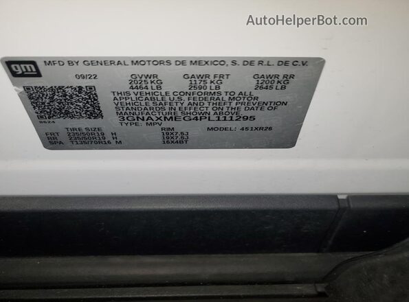 3GNAXMEG4PL111295 2023 CHEVROLET EQUINOX White VIN sticker view