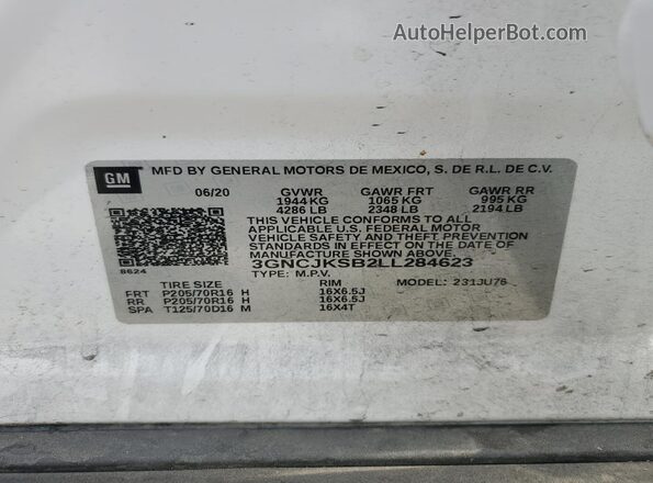 3GNCJKSB2LL284623 2020 CHEVROLET TRAX Белый Вид наклейки с VIN-кодом