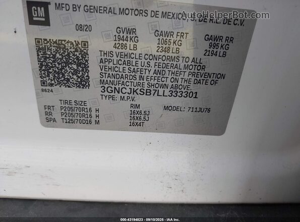 3GNCJKSB7LL333301 2020 CHEVROLET TRAX Белый Вид подкапотного пространства