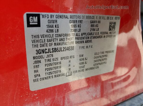 3GNCJLSB6JL294638 2018 CHEVROLET TRAX Красный Вид наклейки с VIN-кодом