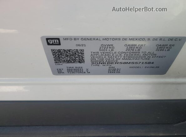 3GNKBERS8MS571584 2021 CHEVROLET BLAZER White VIN կոդի պիտակի տեսք