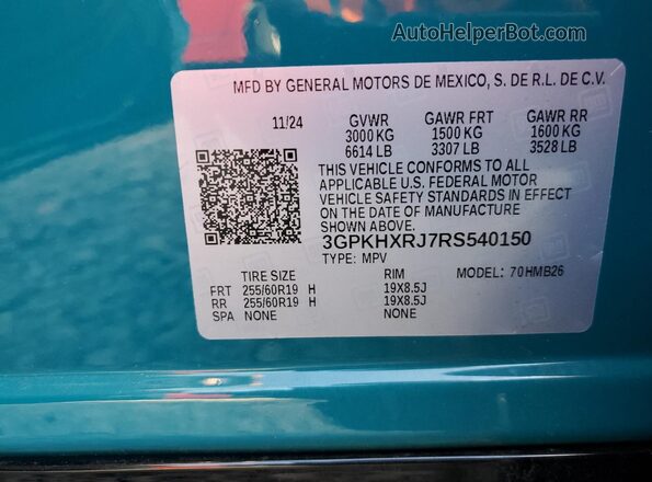 3GPKHXRJ7RS540150 2024 HONDA PROLOGUE Teal VIN კოდის სტიკერის ხედი