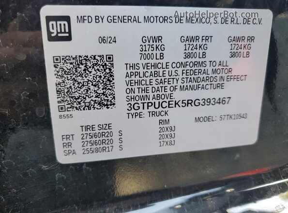 3GTPUCEK5RG393467 2024 GMC SIERRA Черный Вид наклейки с VIN-кодом