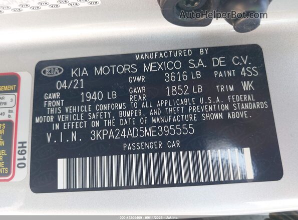 3KPA24AD5ME395555 2021 KIA RIO Серебряный Вид подкапотного пространства