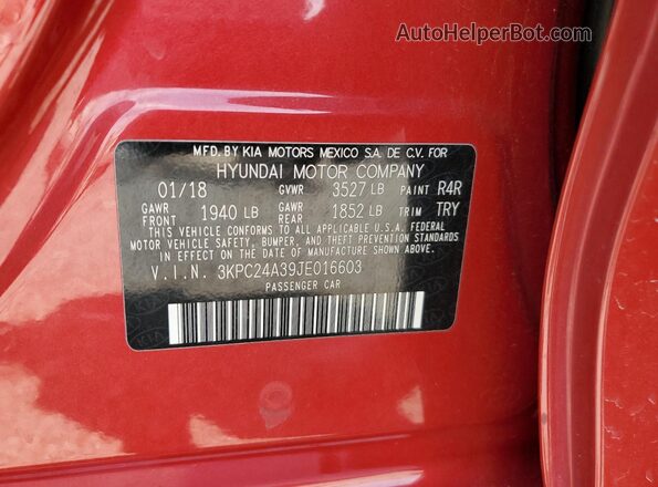 3KPC24A39JE016603 2018 HYUNDAI ACCENT Красный Вид подкапотного пространства