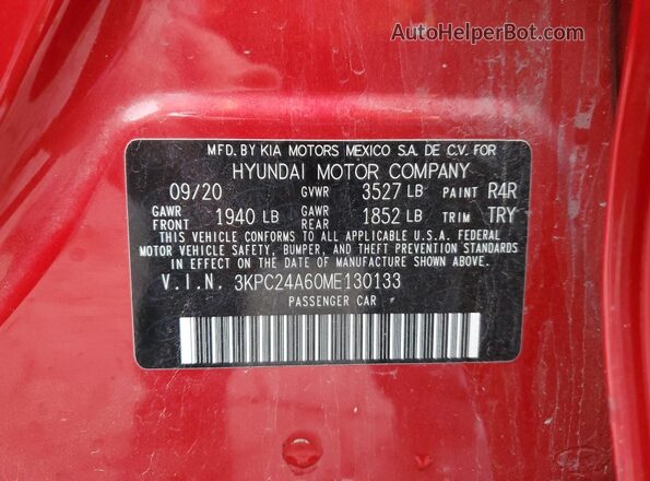 3KPC24A60ME130133 2021 HYUNDAI ACCENT Red Widok naklejki z numerem VIN