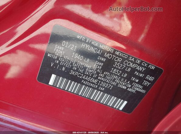 3KPC24A66ME139371 2021 HYUNDAI ACCENT Red Engine compartment view