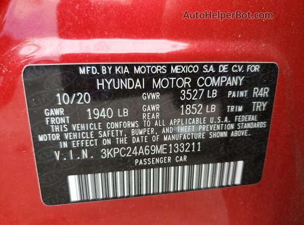 3KPC24A69ME133211 2021 HYUNDAI ACCENT Red ძრავის განყოფილების ხედი