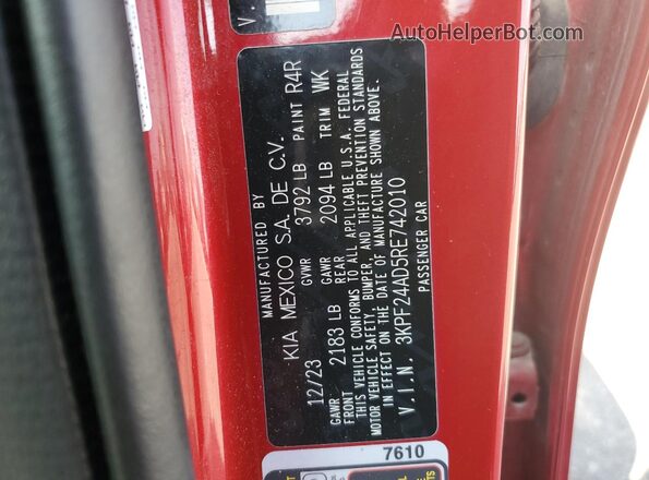 3KPF24AD5RE742010 2024 KIA FORTE Red VIN კოდის სტიკერის ხედი