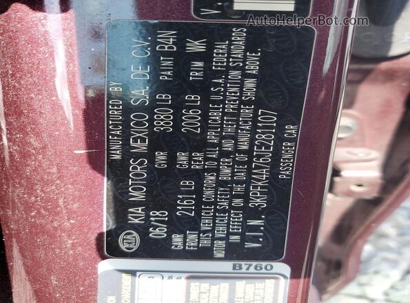 3KPFK4A76JE281107 2018 KIA FORTE Burgundy Engine compartment view