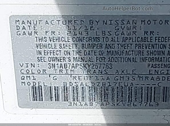 3N1AB7AP5KY267763 2019 NISSAN SENTRA White Widok komory silnika