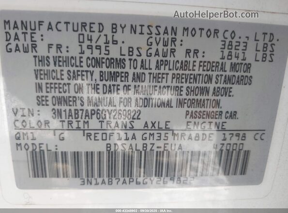 3N1AB7AP6GY269822 2016 NISSAN SENTRA White Вид підкапотного простору