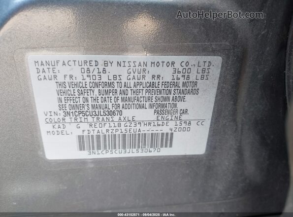3N1CP5CU3JL530670 2018 NISSAN KICKS Gray Engine compartment view