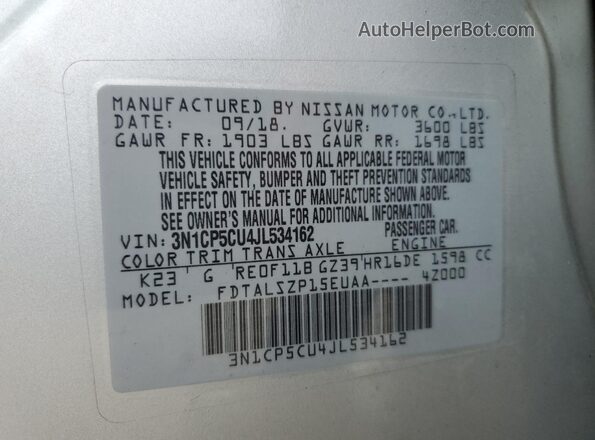 3N1CP5CU4JL534162 2018 NISSAN KICKS Серебряный Вид наклейки с VIN-кодом