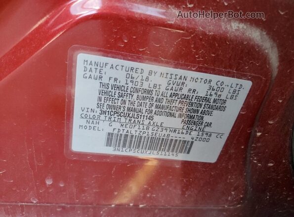 3N1CP5CUXJL511145 2018 NISSAN KICKS Red Widok naklejki z numerem VIN