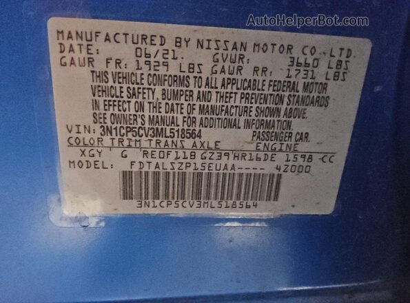 3N1CP5CV3ML518564 2021 NISSAN KICKS Blue VIN sticker view