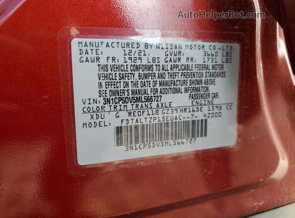 3N1CP5DV5ML566727 2021 NISSAN KICKS Красный Вид наклейки с VIN-кодом