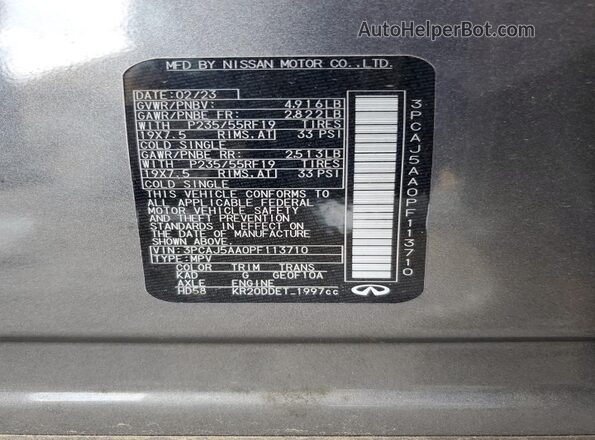 3PCAJ5AA0PF113710 2023 INFINITI QX50 Серый Вид наклейки с VIN-кодом