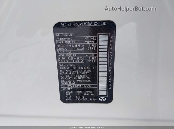 3PCAJ5DA9MF104530 2021 INFINITI QX50 White Engine compartment view