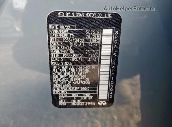 3PCAJ5JR4PF103042 2023 INFINITI QX55 Серый Вид наклейки с VIN-кодом