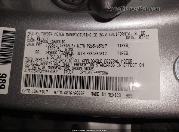 3TMCZ5AN8MM440562 2021 TOYOTA TACOMA Silver Widok komory silnika