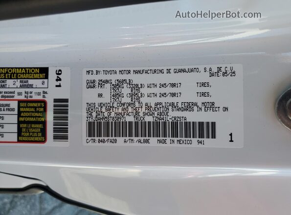 3TYJDAHN5ST030971 2025 TOYOTA TACOMA White ძრავის განყოფილების ხედი