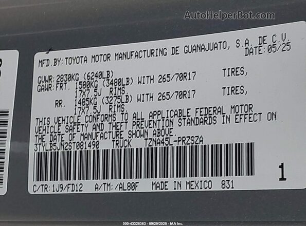 3TYLB5JN2ST081490 2025 TOYOTA TACOMA Gray Engine compartment view