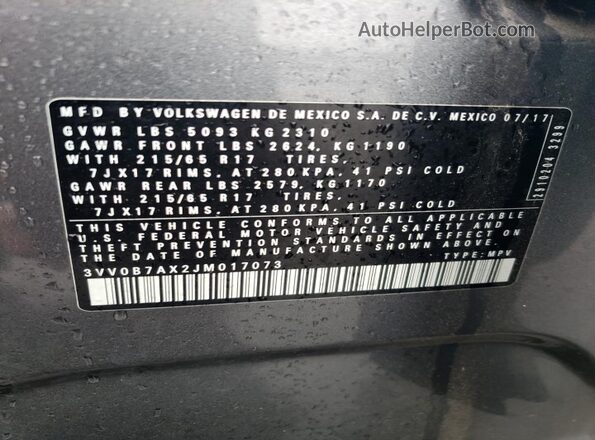 3VV0B7AX2JM017073 2018 VOLKSWAGEN TIGUAN Charcoal VIN კოდის სტიკერის ხედი