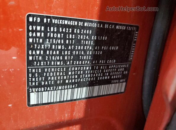 3VV0B7AX7JM089547 2018 VOLKSWAGEN TIGUAN Orange Панорамний вид салону 360°