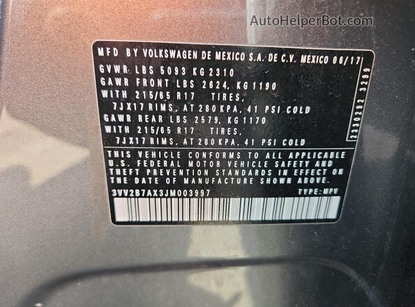 3VV2B7AX3JM003997 2018 VOLKSWAGEN TIGUAN Gray VIN კოდის სტიკერის ხედი