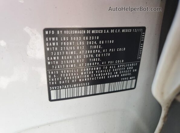 3VV2B7AX3JM095533 2018 VOLKSWAGEN TIGUAN White VIN კოდის სტიკერის ხედი