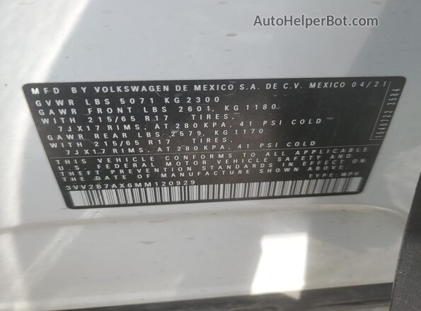 3VV2B7AX6MM120929 2021 VOLKSWAGEN TIGUAN Белый Вид наклейки с VIN-кодом