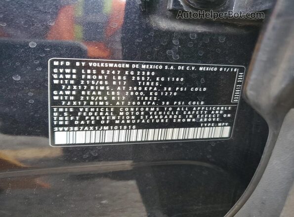 3VV3B7AX1JM101916 2018 VOLKSWAGEN TIGUAN Black VIN კოდის სტიკერის ხედი