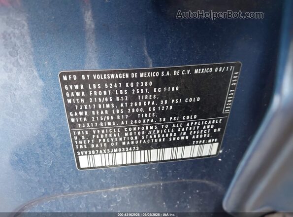 3VV3B7AX3JM033473 2018 VOLKSWAGEN TIGUAN Blue Widok komory silnika