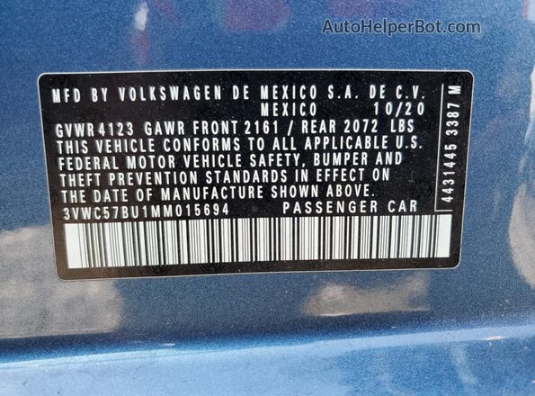 3VWC57BU1MM015694 2021 VOLKSWAGEN JETTA Blue VIN կոդի պիտակի տեսք