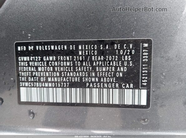 3VWC57BU4MM015737 2021 VOLKSWAGEN JETTA Gray Շարժիչի բաժամունքի տեսք