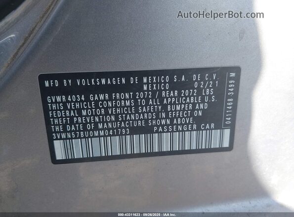 3VWN57BU0MM041793 2021 VOLKSWAGEN JETTA Silver Շարժիչի բաժամունքի տեսք
