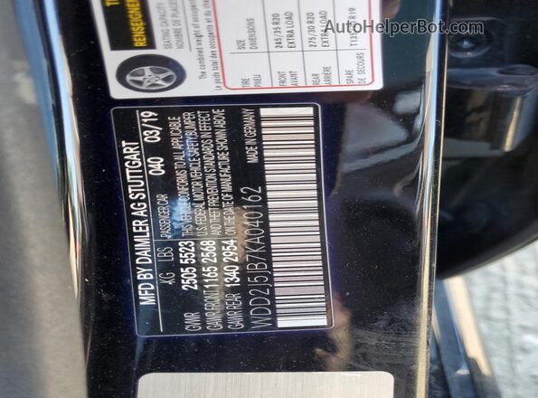 WDD2J5JB7KA040162 2019 MERCEDES-BENZ CLS-CLASS Черный Вид наклейки с VIN-кодом