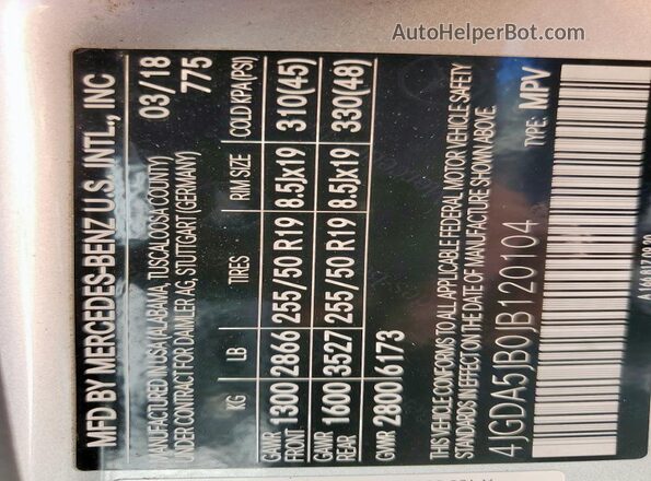 4JGDA5JB0JB120104 2018 MERCEDES-BENZ GLE Silver Widok naklejki z numerem VIN