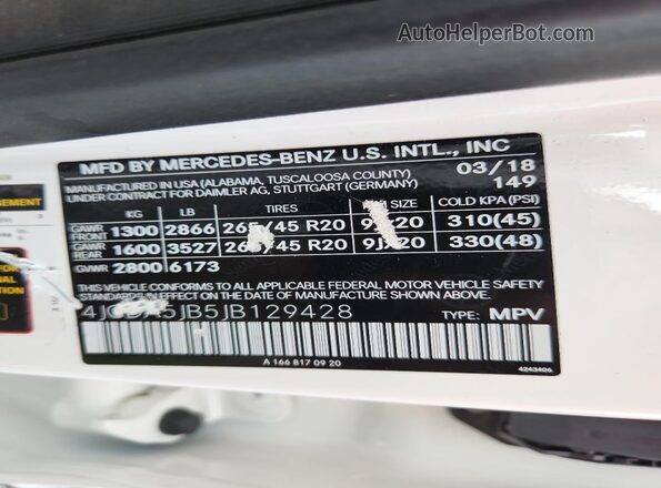 4JGDA5JB5JB129428 2018 MERCEDES-BENZ GLE White VIN կոդի պիտակի տեսք