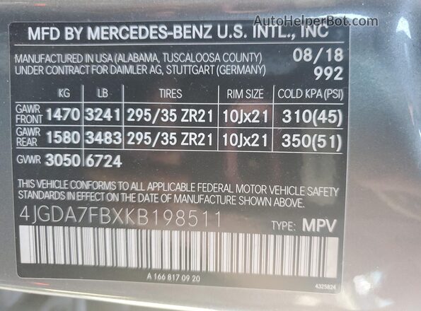 4JGDA7FBXKB198511 2019 MERCEDES-BENZ GLE Gray Widok komory silnika