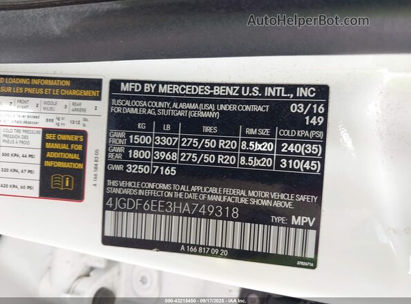 4JGDF6EE3HA749318 2017 MERCEDES-BENZ GLS 450 White Շարժիչի բաժամունքի տեսք