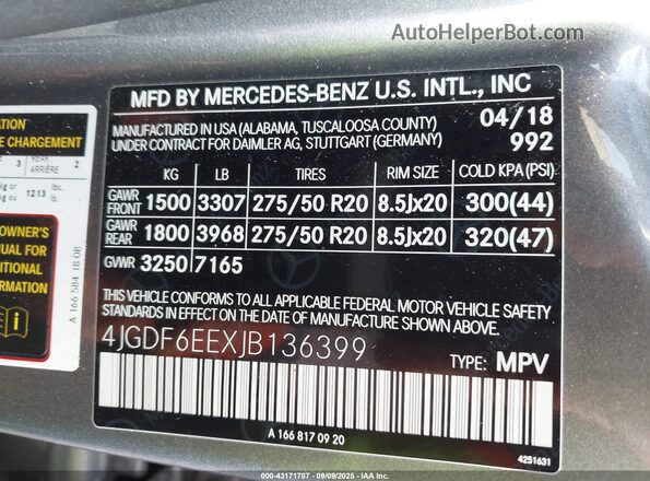 4JGDF6EEXJB136399 2018 MERCEDES-BENZ GLS 450 Серый Вид подкапотного пространства