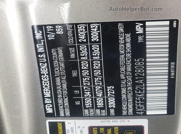 4JGFF5KE2LA128085 2020 MERCEDES-BENZ GLS Серебряный Вид наклейки с VIN-кодом