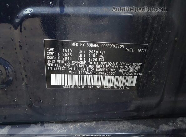 4S3BNAB67J3020103 2018 SUBARU LEGACY Blue Շարժիչի բաժամունքի տեսք